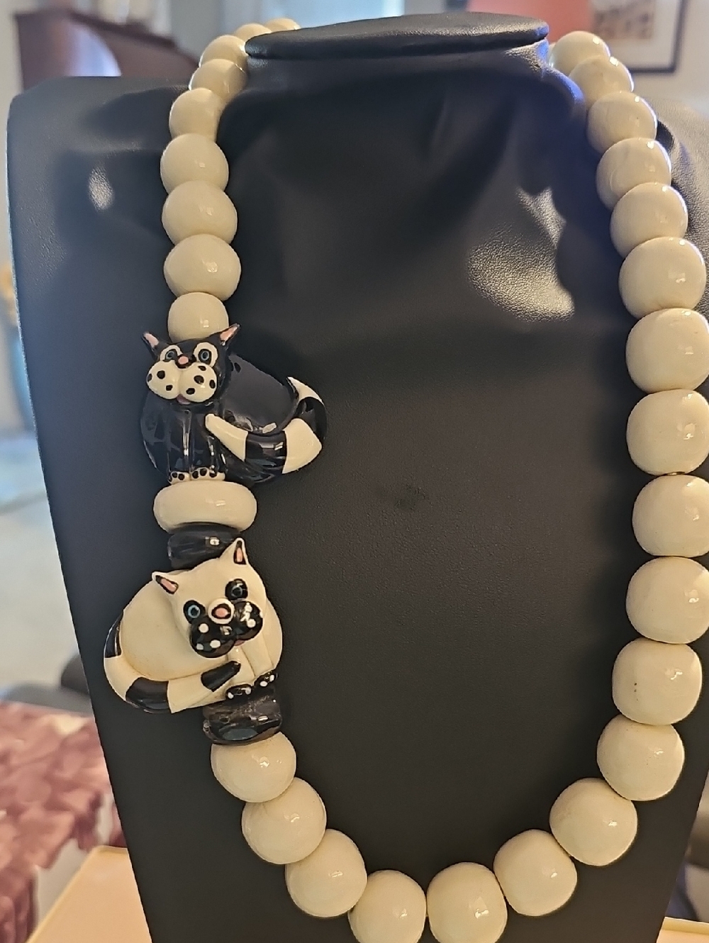 Hand Crafted Black & White Wimsical Cat Bead Necklace. 34" Long. Cute.